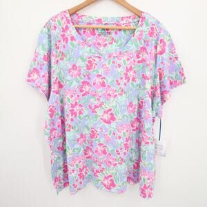 Sleep Sense Top Pajama Shirt Purple Pink Floral Short Sleeve Scoop Neck 3X NWT